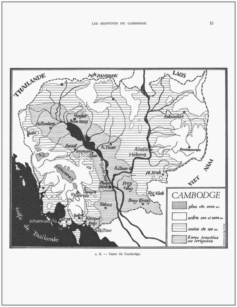 Les Serpents du Cambodge, par Hubert Saint Girons. Page 15. Carte du Cambodge. Dessins © Max de Larminat. Edition du Muséum 1972