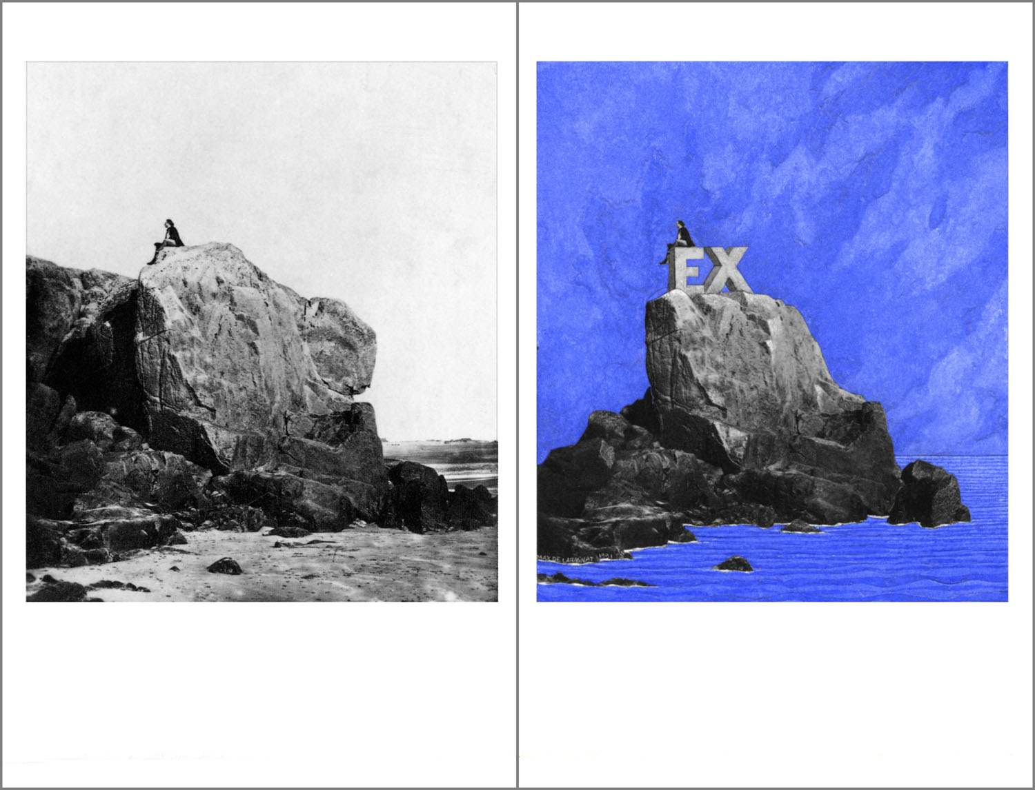 Exil. (EX-île). Ce rébus réalisé par Max de Larminat à partir d’une carte postale détournée de Charles Hugo représentant initialement Victor Hugo en exil à Jersey, assis au sommet du « Rocher des Proscrits ». Pour les besoins de ce rébus, j’ai largement retaillé le rocher pour lui donner l’aspect d’une ile. J’ai aussi sculpté un “E“ et un “X“ dans la pierre juste en dessous de la silhouette de Victor Hugo, transformant ainsi le site en une sorte de monument commémoratif de l’exil volontaire du poète pendant le Second Empire.