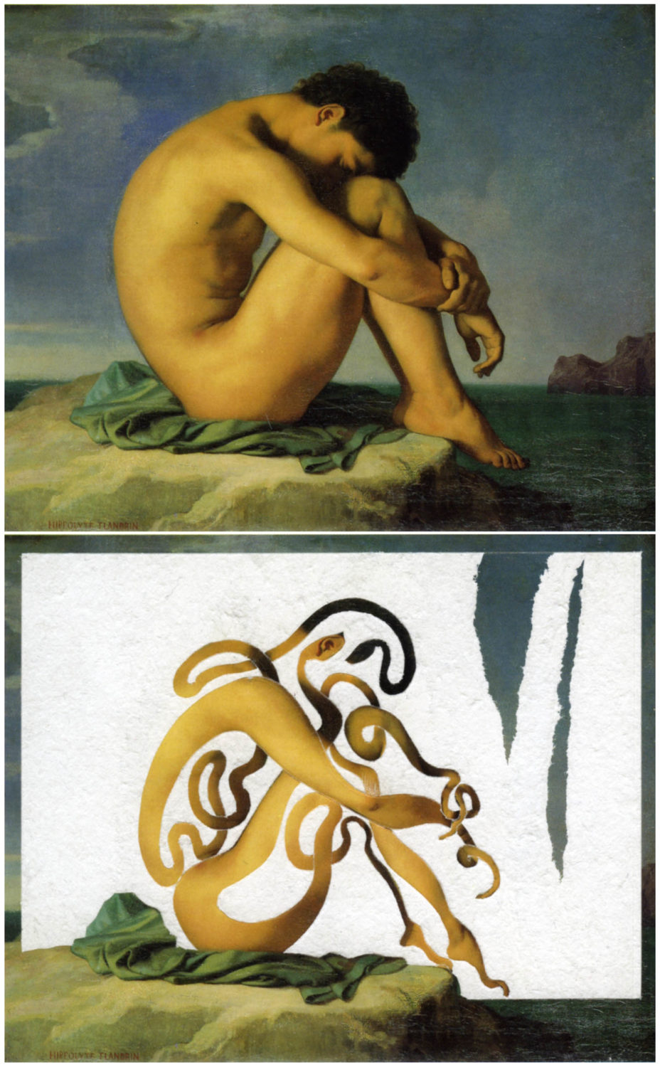 Le sommeil de la raison. Carte postale du tableau d’Hippolyte Flandrin « Jeune homme nu assis » du musée du Louvre, rectifiée par Max de Larminat © tous droits réservés. En guise de titre pour ce tableau de jeune homme nu en proie à ses serpents intimes, j’emprunte sans vergogne celui de la célèbre gravure de Goya « Le sommeil de la raison engendre des monstres ».