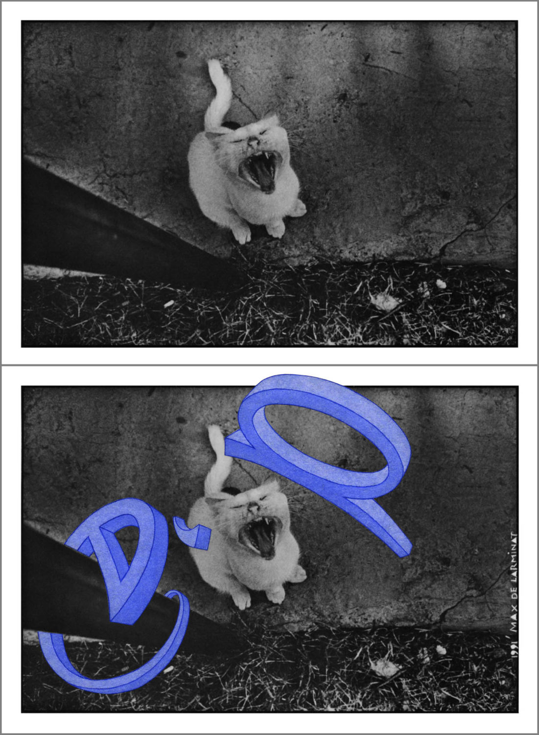 Échapper. (é-chat-p). Ce rébus réalisé par Max de Larminat à partir d’une carte postale détournée de Philippe Gérard-Dupuy représentant initialement un chat menaçant, qui toutes dents dehors, menace dirait-on le photographe. Pour les besoins de ce rébus, j’ai créé un “p“ et un “é“ qui s’envolent prestement au-dessus de ce chat pour échapper à la menace.